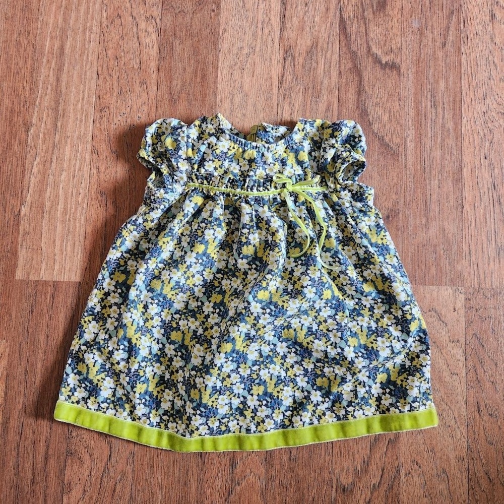 EPK Baby Girl Floral Dress 6M Blue Yellow Cotton Velvet Trim 610
